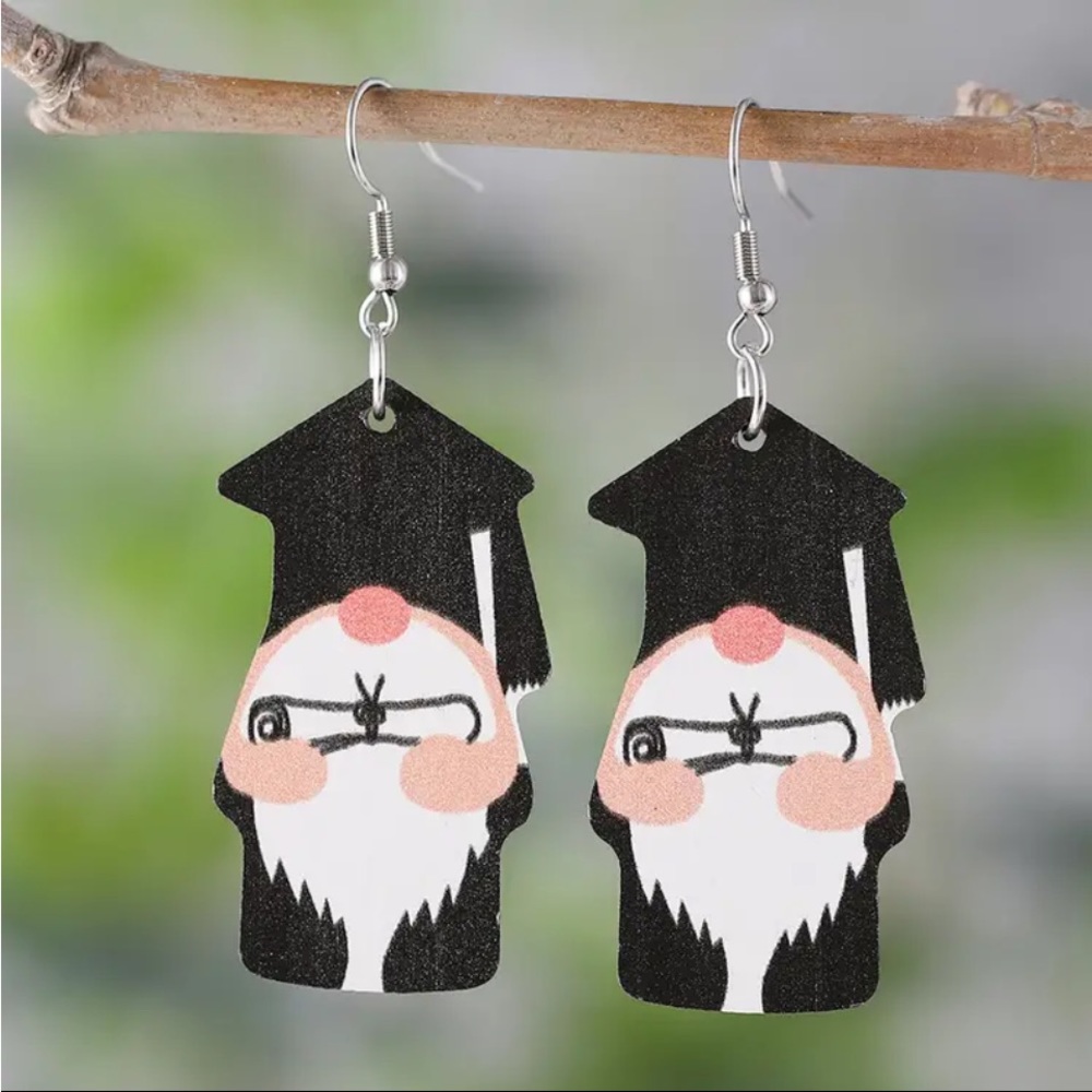 Graduation Gnome  Wood Earrings